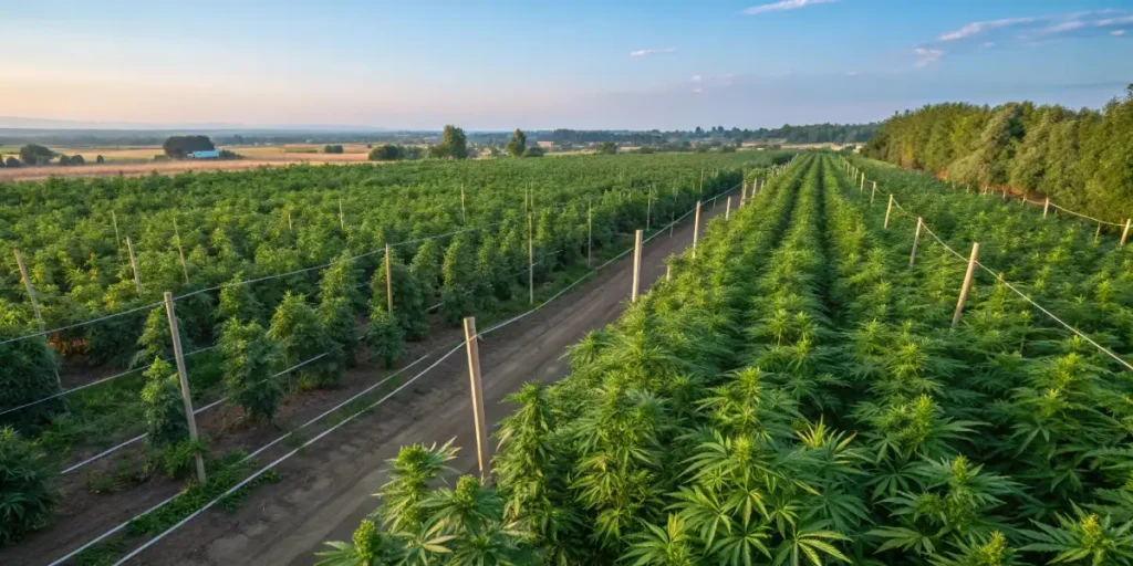 Overhead view of a lush cannabis garden with rows of plants and rich green foliage.