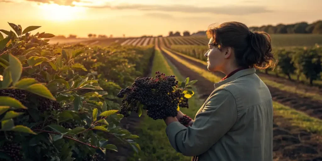 Close-up of a person holding elderberries, with a lush field and sunset behind them.