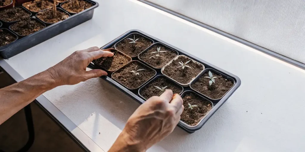 Hands planting cannabis seedlings into small pots with fresh soil, under natural light.
