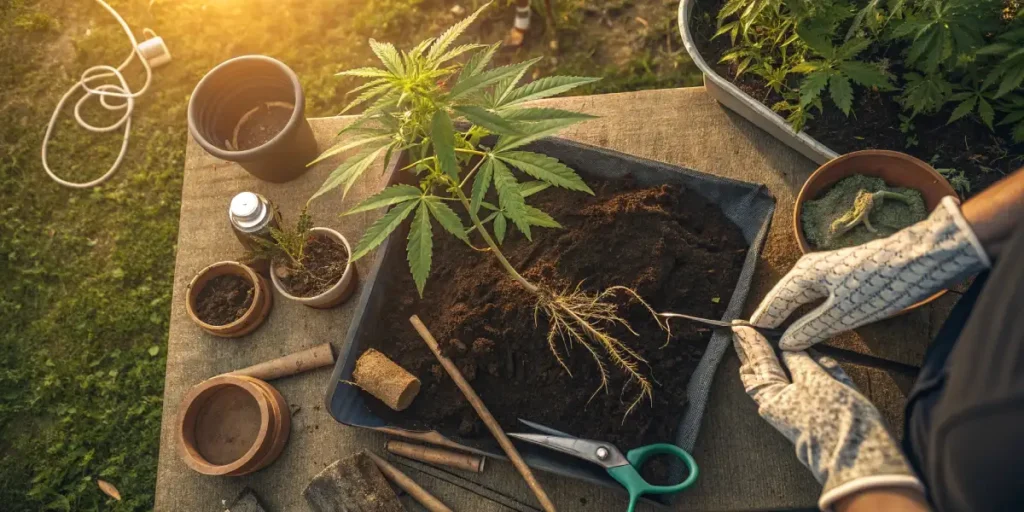 Person wearing orange gloves planting cannabis seedling into a clay pot.