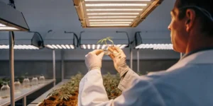 Scientist in a lab coat carefully examining a petri dish containing a cannabis sample under focused light.