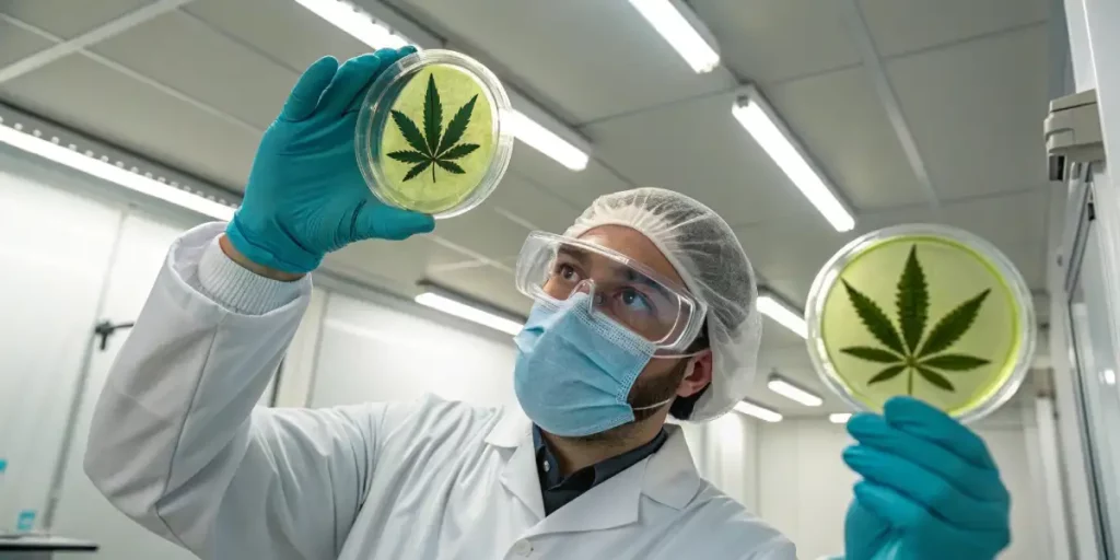 Scientist in lab gear holding two cannabis-infused petri dishes with visible leaf patterns.