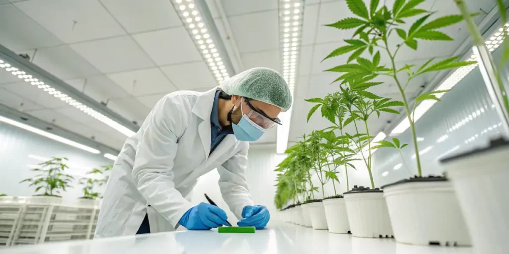 Scientist in a lab coat carefully applying gibberellin solution to cannabis plants in a lab.