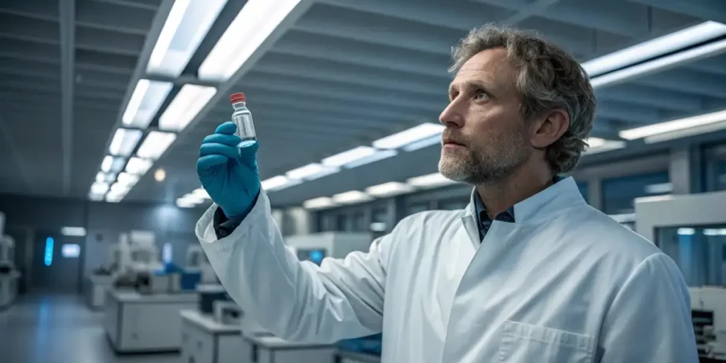 Scientist in a lab coat holding a vial containing gibberellin solution under laboratory lights.
