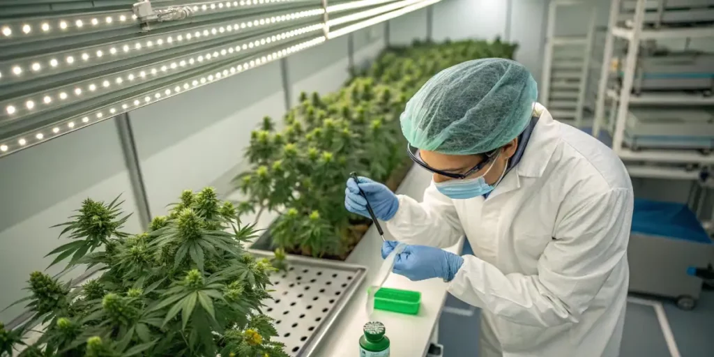 Scientist using a dropper to extract cannabinoids from cannabis plants in a lab.