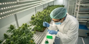Scientist using a dropper to extract cannabinoids from cannabis plants in a lab.