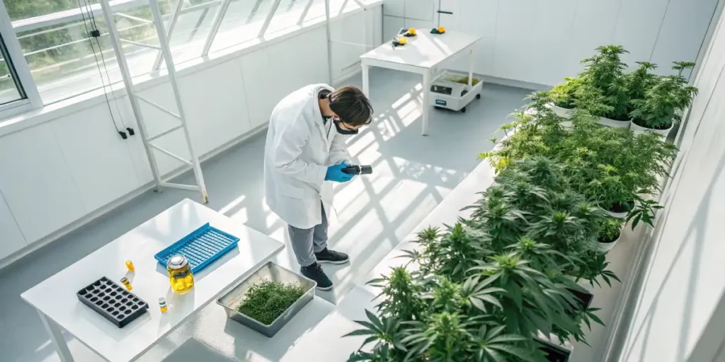 Scientist in a lab coat working with cannabis plants, using equipment in a modern laboratory.