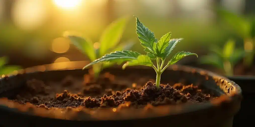 Cannabis root for pain relief, young plant growing in pot with rich soil during golden hour.