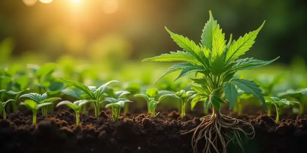 Cannabis root growth lentil technique showing exposed roots under healthy seedling in sunlight.