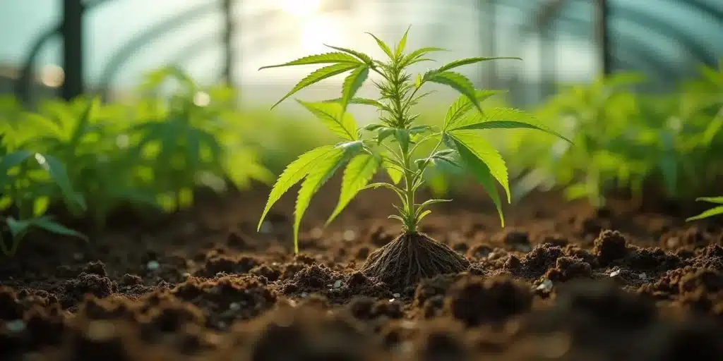 Cannabis root arched out of soil under young plant in greenhouse, showing early root exposure.