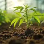 Cannabis root arched out of soil under young plant in greenhouse, showing early root exposure.