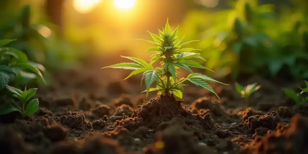 Cannabis root arched out of soil during sunset, plant roots slightly elevated above ground.