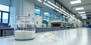 A clear glass jar half full of THCA white powder with a pile of powder next to it on a lab counter.