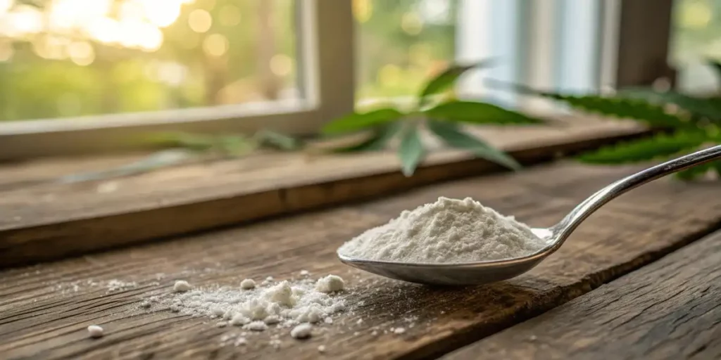 A silver teaspoon holding THCA white powder with a blurred background.