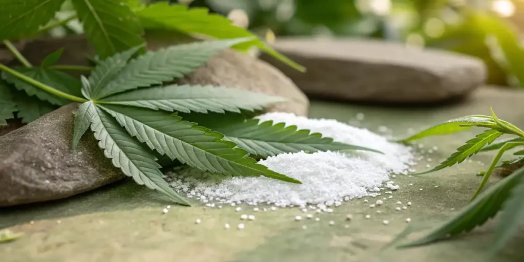 THCA white powder sprinkled on a green cannabis leaf, with a natural background.