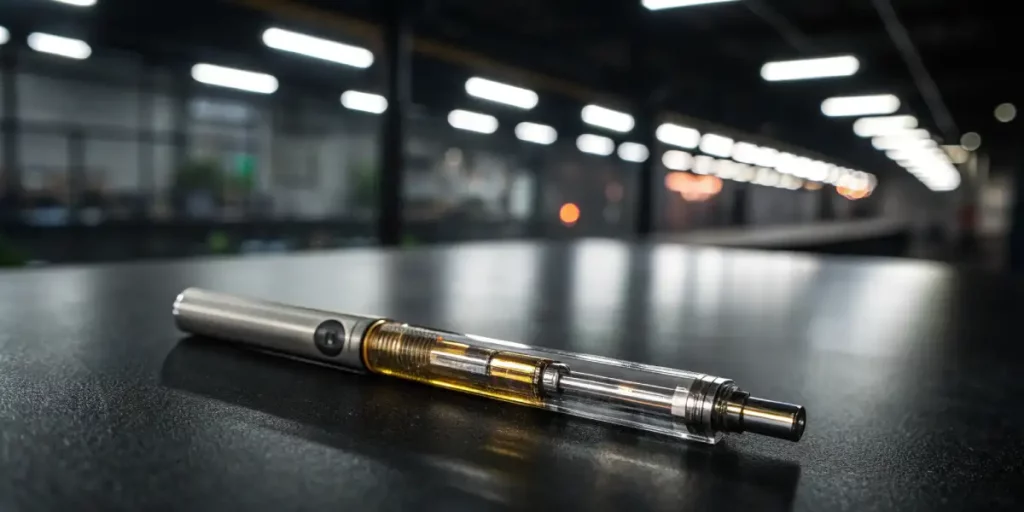 A transparent THC-O vape pen resting on a surface in a modern environment.