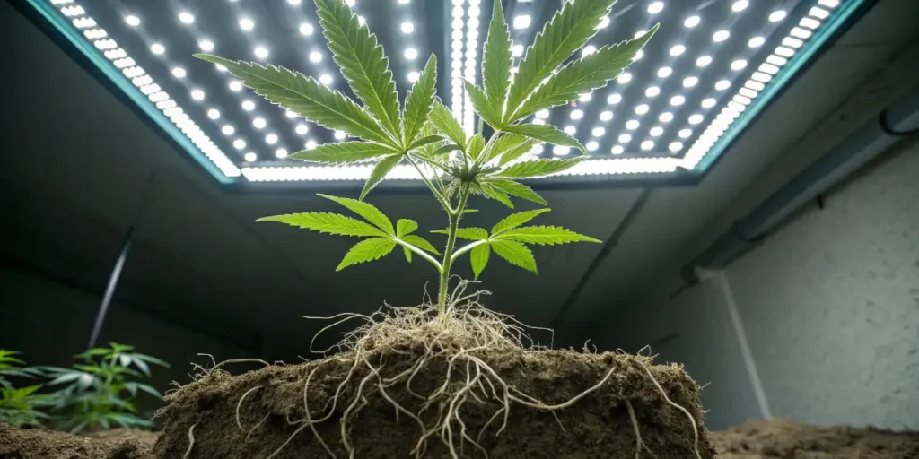 Underside view of a cannabis plant with roots exposed, with light from above highlighting the plant.
