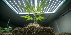 Underside view of a cannabis plant with roots exposed, with light from above highlighting the plant.