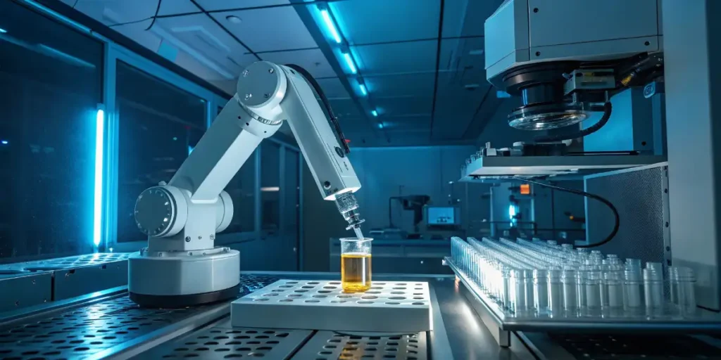 Robotic arm holding a test tube containing a urine sample in a high-tech laboratory setting.