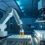 Robotic arm holding a test tube containing a urine sample in a high-tech laboratory setting.