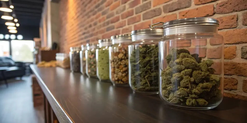 Glass jars containing different cannabis strains displayed on a wooden shelf.