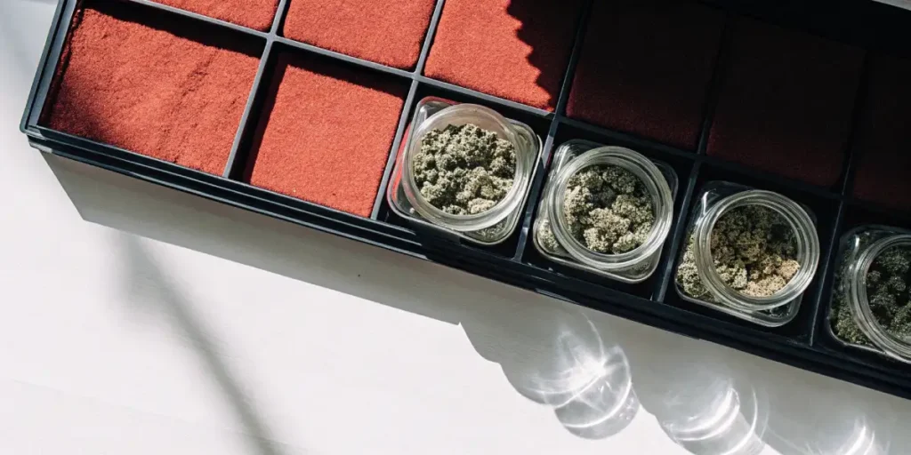 Different cannabis strains stored in clear containers in a grid-like arrangement.