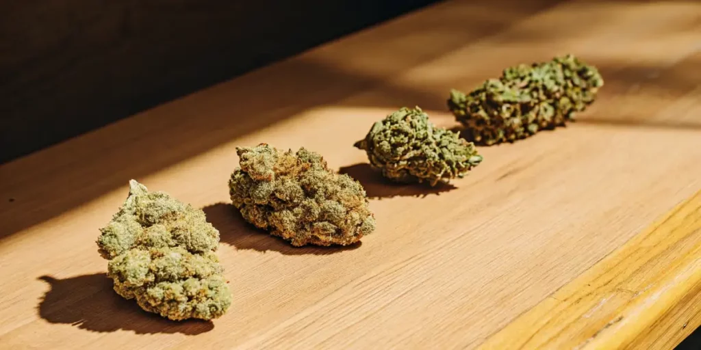 Various cannabis strains in jars with different THC levels, displayed on a wooden surface.