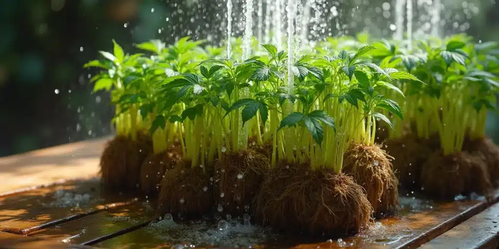Fresh cannabis root for pain relief therapies, seedlings being watered to promote healthy root growth.
