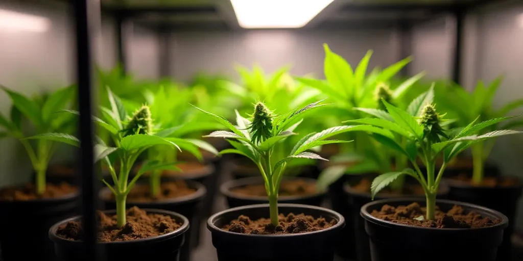 Young CBD Super Silver (11) plants growing in pots indoors.