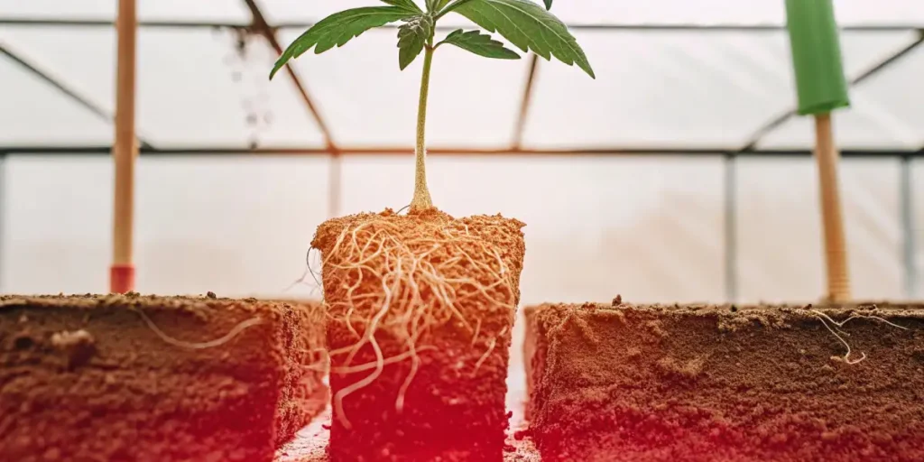 Young cannabis seedling with visible roots absorbing water from the soil in a greenhouse.