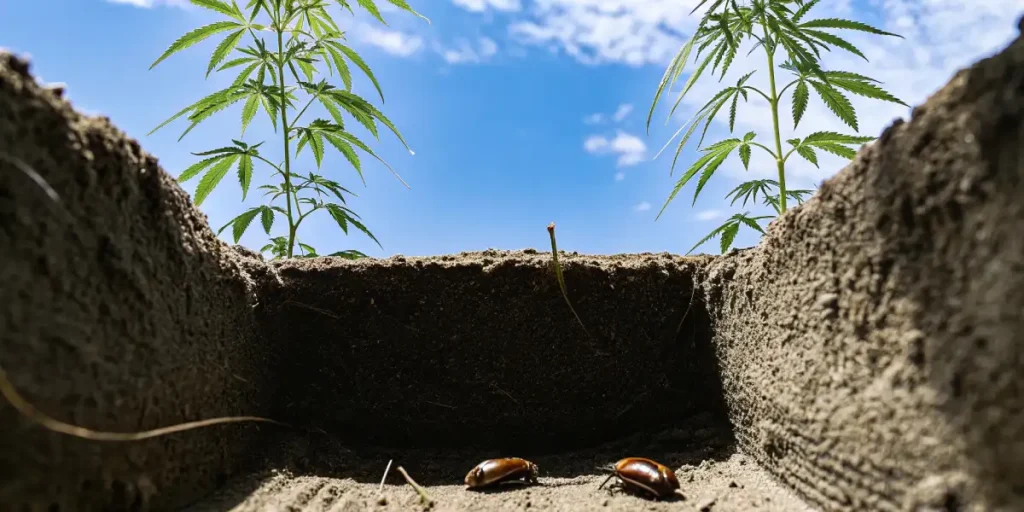 Beetles on sandy soil beneath cannabis plants with clear blue sky above.