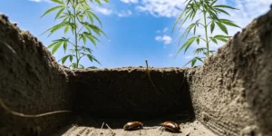 Beetles on sandy soil beneath cannabis plants with clear blue sky above.