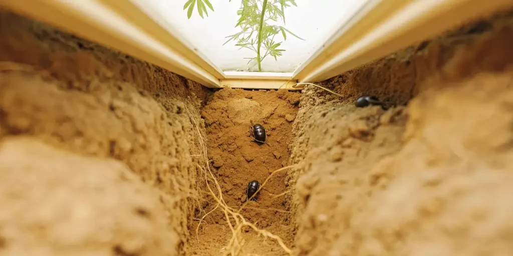 Dark beetles navigating underground tunnel near cannabis roots under greenhouse.