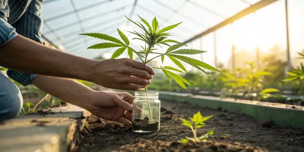 Healthy cannabis clone in a glass jar with water under sunlight in a greenhouse.