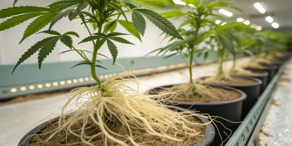 Cannabis clone in clear jar showing healthy roots under bright greenhouse light.