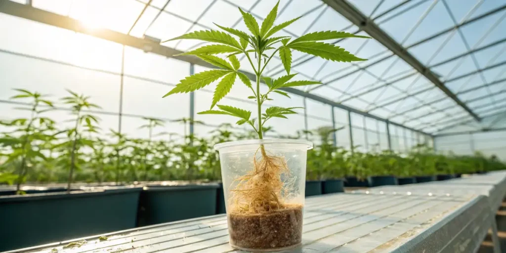 Cannabis clone in plastic cup with visible roots under greenhouse sunlight.