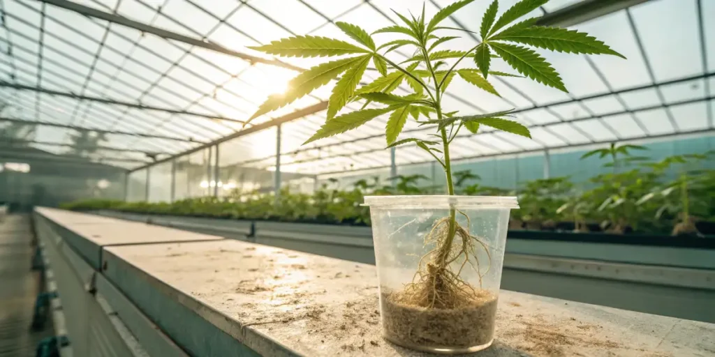 Cannabis clone in plastic cup with roots visible under soft greenhouse light.
