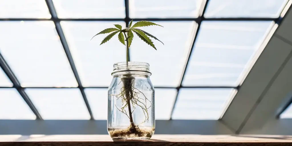 Cannabis clone in water jar showing healthy roots under natural sunlight.