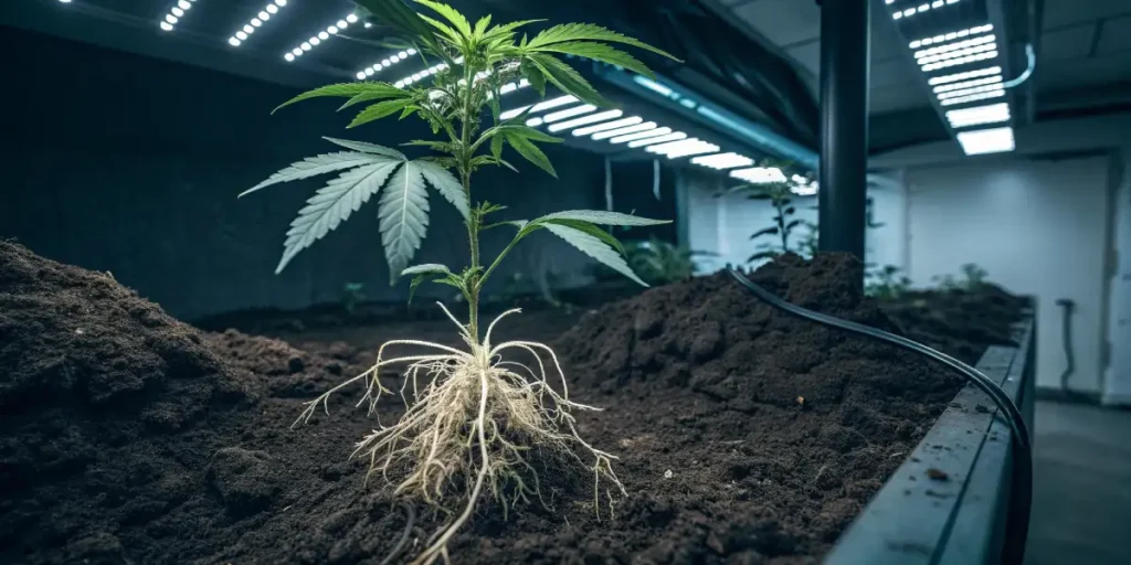 Cannabis clone with exposed roots growing in soil under indoor LED grow lights.