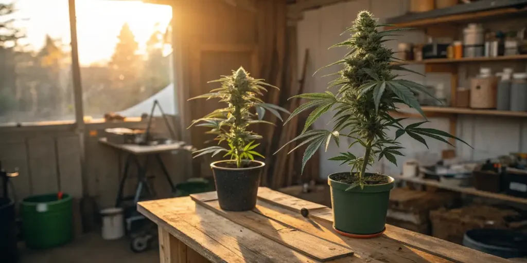 Cannabis clones rooted in soil inside glass jars lined up on a windowsill.