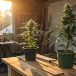 Cannabis clones rooted in soil inside glass jars lined up on a windowsill.