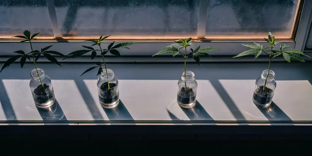 Cannabis clones growing in small glass jars filled with soil on a sunlit windowsill.