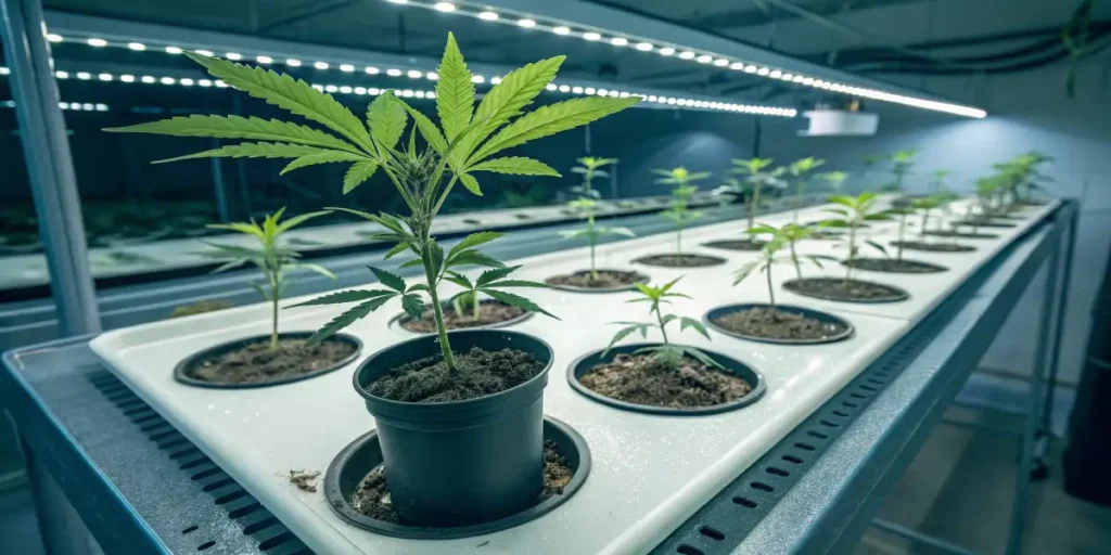 Row of cannabis clones growing in small pots placed on a window ledge.