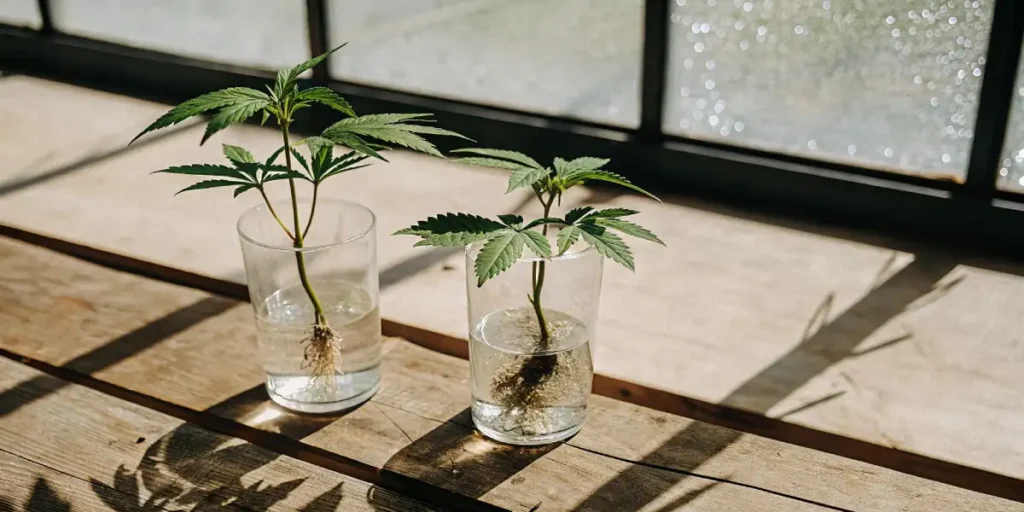 Cannabis clones in clear glasses of water developing healthy white roots under natural sunlight.