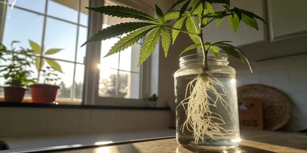 Cannabis cutting in water jar showing white roots under sunlight in a bright kitchen.