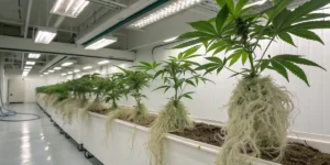 Cannabis cuttings growing under red and blue LED lights in a controlled indoor setup.