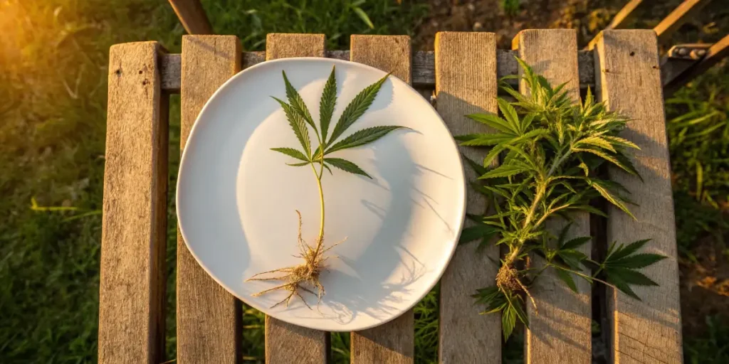 Cannabis cuttings with roots displayed on a white plate and wooden table outdoors.
