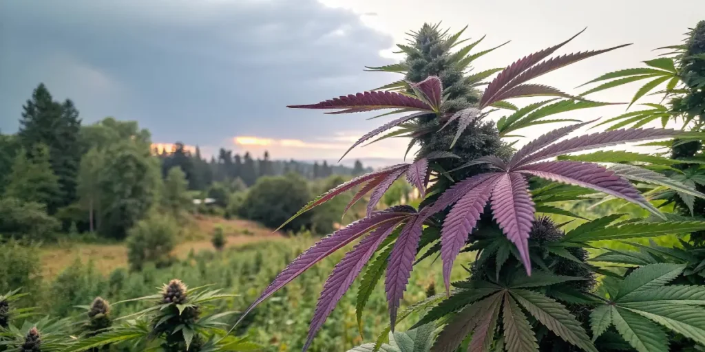 Cannabis plant with purple leaves in an outdoor field at sunset