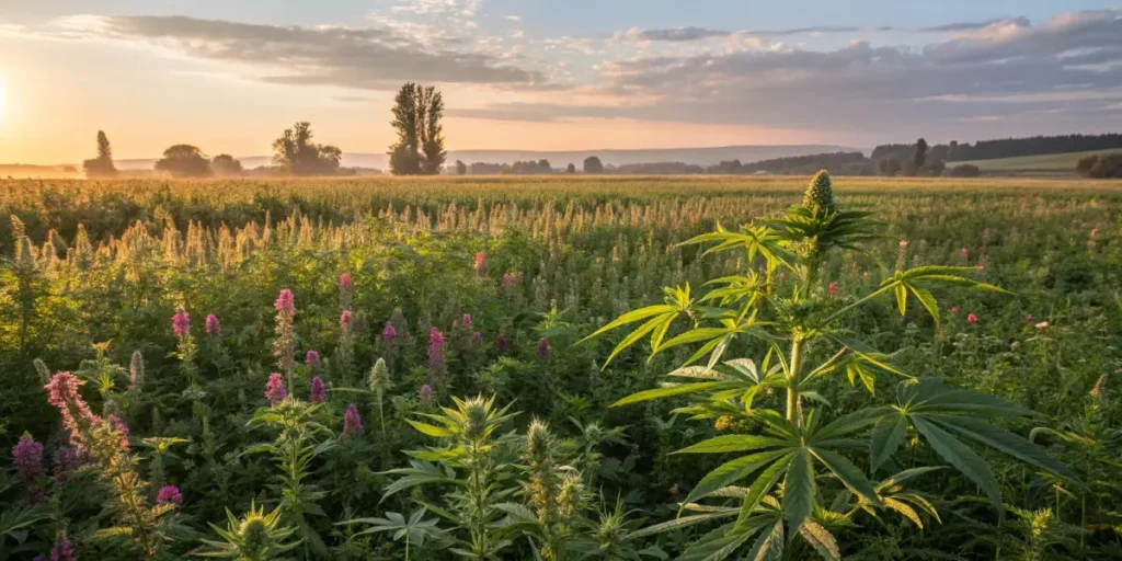 Cannabis plant growing among wildflowers in a scenic field at sunset.