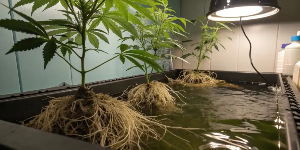 Cannabis plants in rows inside a greenhouse during evening hours with blue-tinted light.